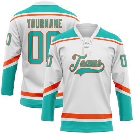 Custom Name and Number Hockey Jersey in White Aqua-Orange Lace Neck Design, Personalized Team Apparel Personalized White