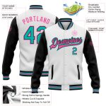 Custom Name and Number Aqua-Pink Varsity Letterman Bomber Jacket - Personalized Two-Tone Full-Snap Design Personalized White