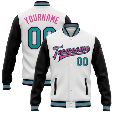 Custom Name and Number Aqua-Pink Varsity Letterman Bomber Jacket - Personalized Two-Tone Full-Snap Design Personalized White