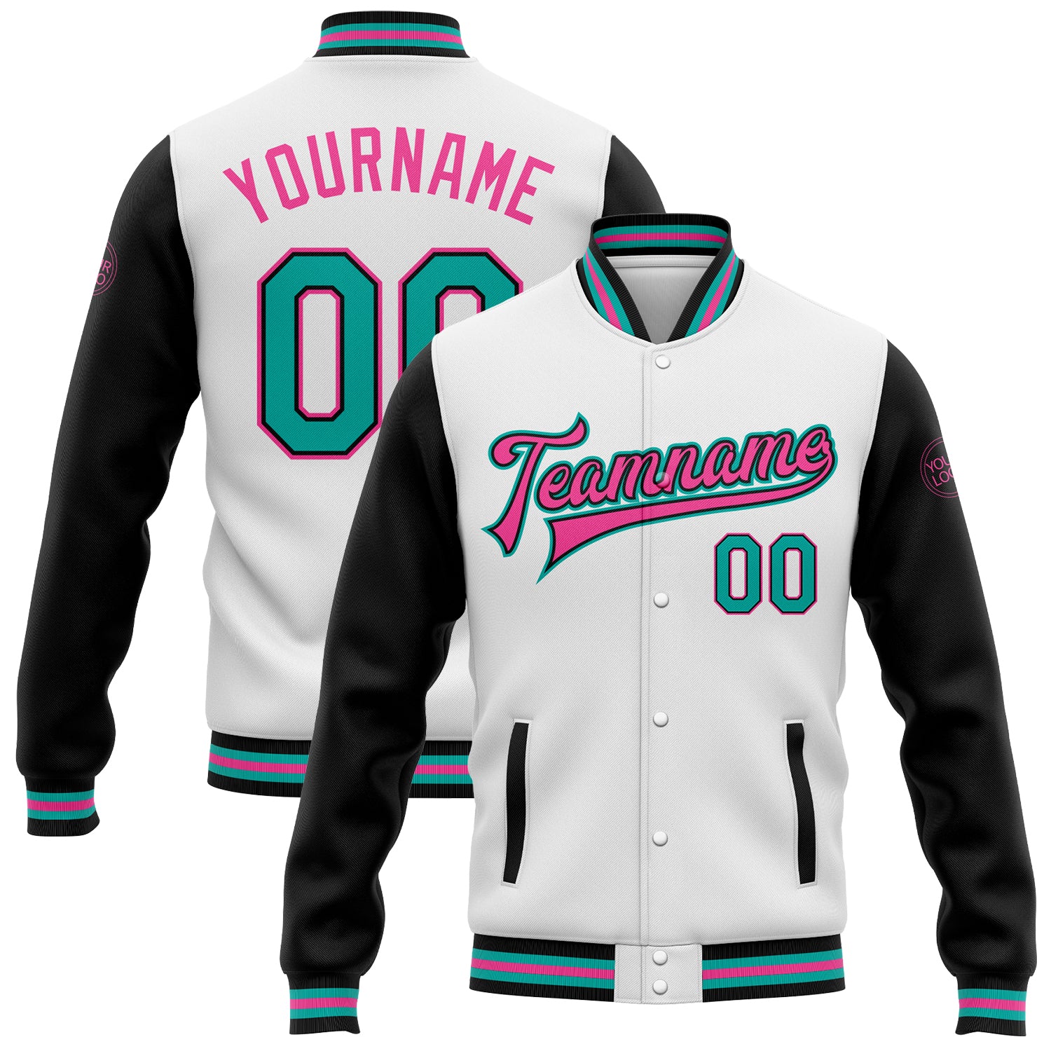 Custom Name and Number Aqua-Pink Varsity Letterman Bomber Jacket - Personalized Two-Tone Full-Snap Design Personalized White