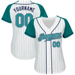 Custom Name and Number Personalized Aqua-Navy Pinstripe Baseball Jersey for Team - Authentic Raglan Sleeves Personalized
