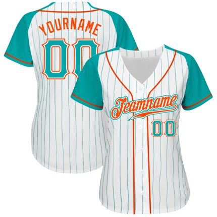 Personalized Aqua-Orange Pinstripe Baseball Jersey with Raglan Sleeves, Customizable White Design Personalized White Aqua