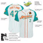 Personalized Aqua-Orange Pinstripe Baseball Jersey with Raglan Sleeves, Customizable White Design Personalized White Aqua