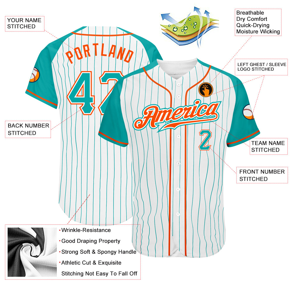 Personalized White Aqua Pinstripe Aqua-Orange Authentic Raglan Sleeves Baseball Jersey Personalized Aqua-Orange Pinstripe Baseball Jersey with Raglan Sleeves, Customizable White Design Personalized White Aqua - Image 3