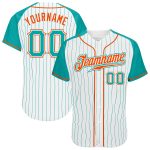 Personalized Aqua-Orange Pinstripe Baseball Jersey with Raglan Sleeves, Customizable White Design Personalized White Aqua