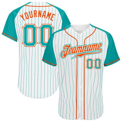 Personalized Aqua-Orange Pinstripe Baseball Jersey with Raglan Sleeves, Customizable White Design Personalized White Aqua