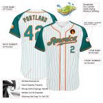 Customizable Aqua-Orange Pinstripe Baseball Jersey with Raglan Sleeves - Personalized Name and Number Personalized White