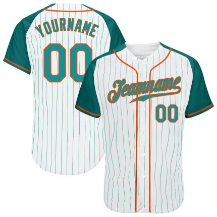Customizable Aqua-Orange Pinstripe Baseball Jersey with Raglan Sleeves - Personalized Name and Number Personalized White