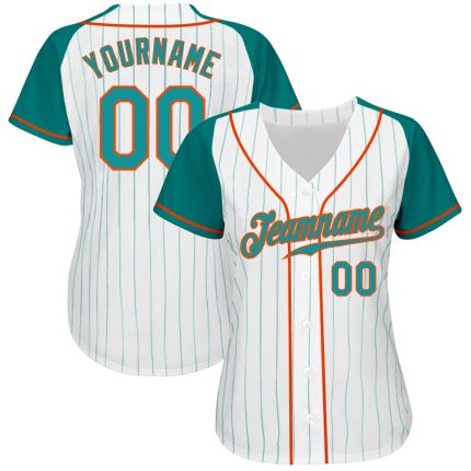 Customizable Aqua-Orange Pinstripe Baseball Jersey with Raglan Sleeves - Personalized Name and Number Personalized White