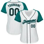 Custom Name and Number Baseball Jersey - Personalized Black-Aqua Pinstripe Raglan Sleeves Design Personalized White Aqua