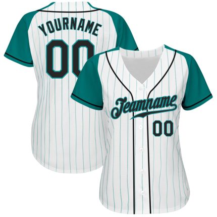 Custom Name and Number Baseball Jersey - Personalized Black-Aqua Pinstripe Raglan Sleeves Design Personalized White Aqua