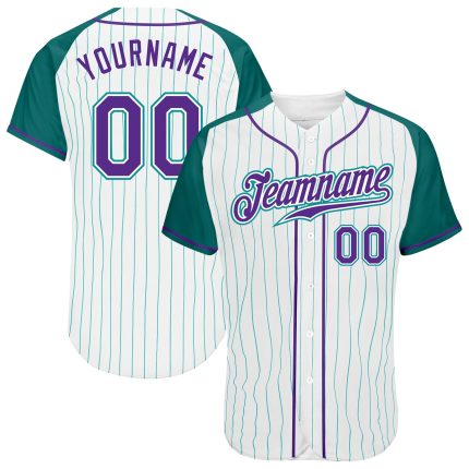 Custom Personalized Baseball Jersey with Purple Aqua Pinstripe and Raglan Sleeves - Team Name and Number Personalized White