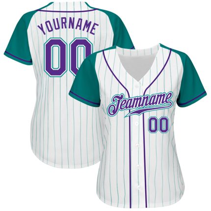 Custom Personalized Baseball Jersey with Purple Aqua Pinstripe and Raglan Sleeves - Team Name and Number Personalized White