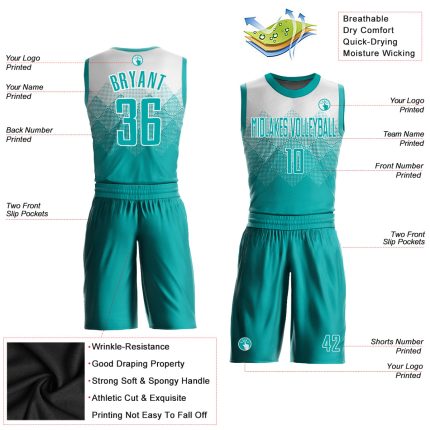 Custom Name and Number Basketball Jersey - Personalized White Aqua Round Neck Sublimation Suit Personalized White Aqua Round