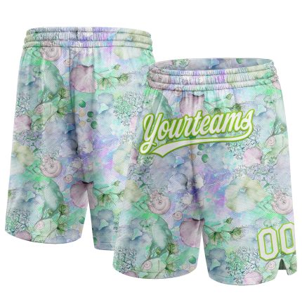 Custom Name and Number Basketball Shorts - Personalized Aquatic Plants and Conch 3D Pattern in White Aurora Green Personalized