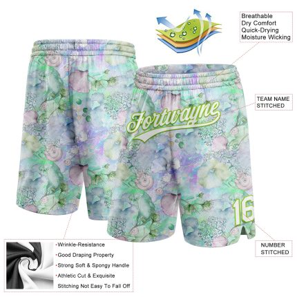 Custom Name and Number Basketball Shorts - Personalized Aquatic Plants and Conch 3D Pattern in White Aurora Green Personalized