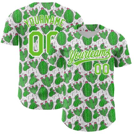 Personalized Cactus Festival Baseball Jersey with Custom Name & Number - White Aurora Green 3D Pattern Design Personalized