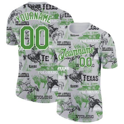 Custom Cowboy Rodeo Performance T-Shirt with Personalized Name and Number - White Aurora Green 3D Pattern Design Personalized