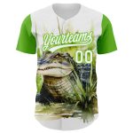 Custom Name and Number Authentic Baseball Jersey - Personalized 3D Pattern Green Crocodile White Design Personalized White
