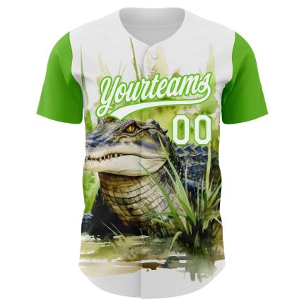 Custom Name and Number Authentic Baseball Jersey - Personalized 3D Pattern Green Crocodile White Design Personalized White