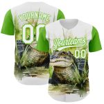 Custom Name and Number Authentic Baseball Jersey - Personalized 3D Pattern Green Crocodile White Design Personalized White