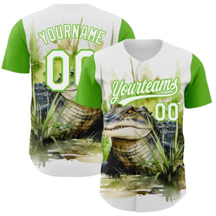 Custom Name and Number Authentic Baseball Jersey - Personalized 3D Pattern Green Crocodile White Design Personalized White