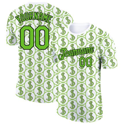 Custom Dollar Sign Money Theme T-Shirt with Personalized Name and Number - White Aurora Green-Black 3D Pattern Design Personalized