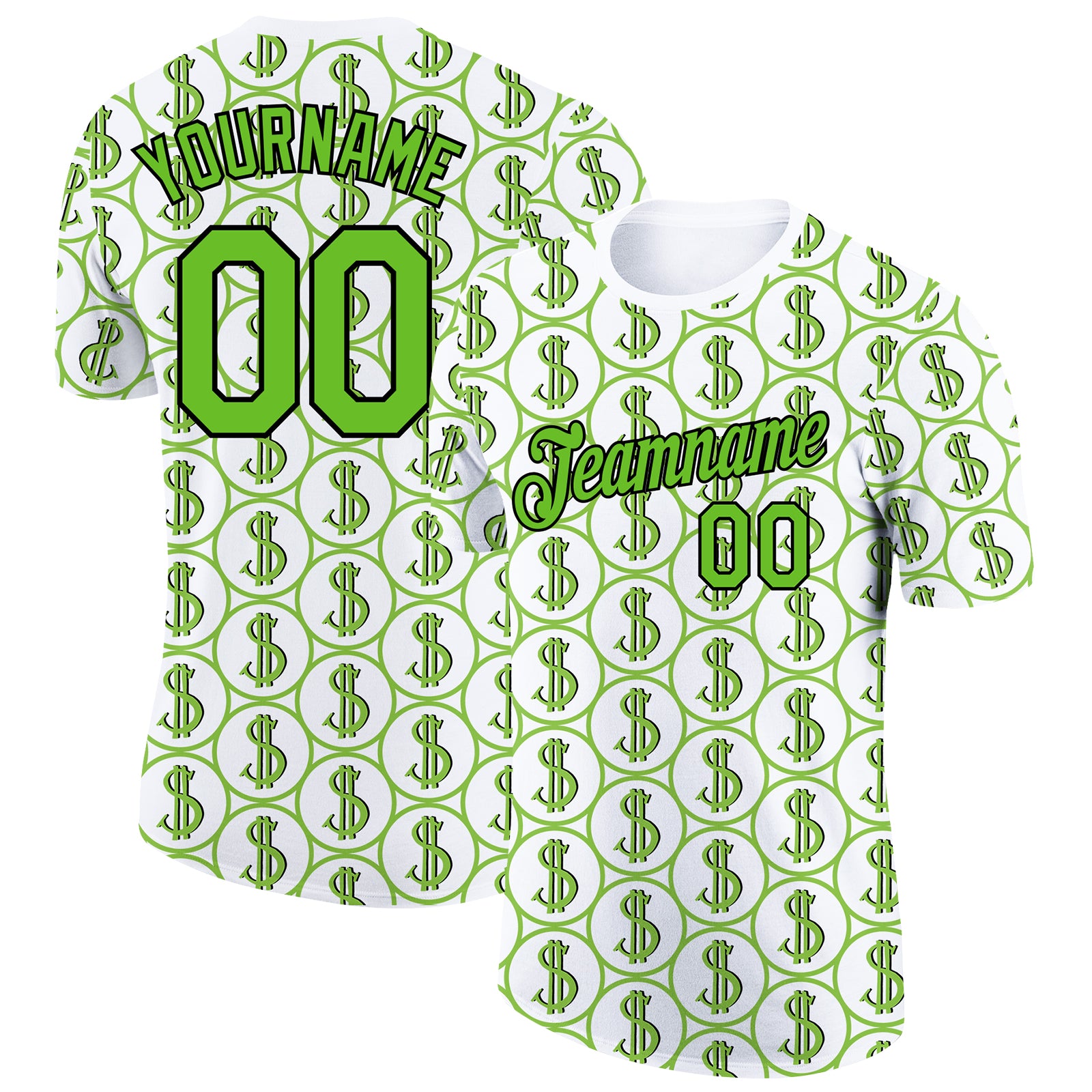 Custom Dollar Sign Money Theme T-Shirt with Personalized Name and Number - White Aurora Green-Black 3D Pattern Design Personalized