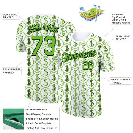 Custom Dollar Sign Money Theme T-Shirt with Personalized Name and Number - White Aurora Green-Black 3D Pattern Design Personalized