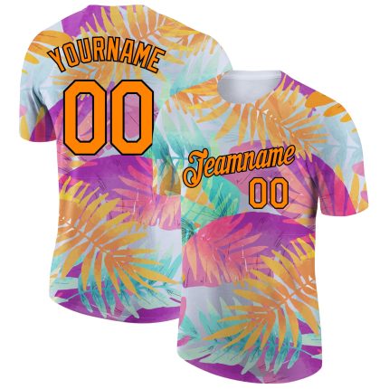 Personalized Orange-Black 3D Pattern Hawaii Palm Leaves Performance T-Shirt in White Personalized White Bay Orange-Black