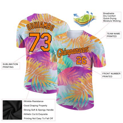 Personalized Orange-Black 3D Pattern Hawaii Palm Leaves Performance T-Shirt in White Personalized White Bay Orange-Black
