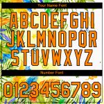 Custom Name and Number Performance T-Shirt with Personalized Hawaii Palm Leaves and 3D Pattern in White, Bay, and Orange