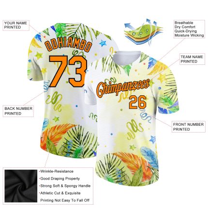 Custom Name and Number Performance T-Shirt with Personalized Hawaii Palm Leaves and 3D Pattern in White, Bay, and Orange