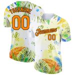 Custom Name and Number Performance T-Shirt with Personalized Hawaii Palm Leaves and 3D Pattern in White, Bay, and Orange
