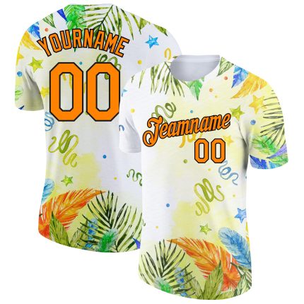 Custom Name and Number Performance T-Shirt with Personalized Hawaii Palm Leaves and 3D Pattern in White, Bay, and Orange