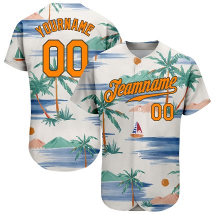 Personalized Beach Baseball Jersey with 3D Orange-Olive Coconut Palms and Sailboat Design - Custom Name and Number Personalized