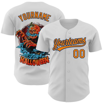 Custom Authentic Baseball Jersey - Personalized Halloween 3D Pattern, White Bay Orange & US Navy Blue, Name and Number Personalized
