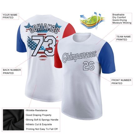 Custom 3D American Flag Performance T-Shirt, Personalized with Name & Number - Patriotic Team Shirt Personalized White Black