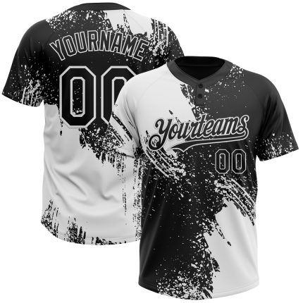 Customizable Unisex Softball Jersey with Personal Name & Number, 3D Pattern Brush Stroke in White and Black - Two-Button Design