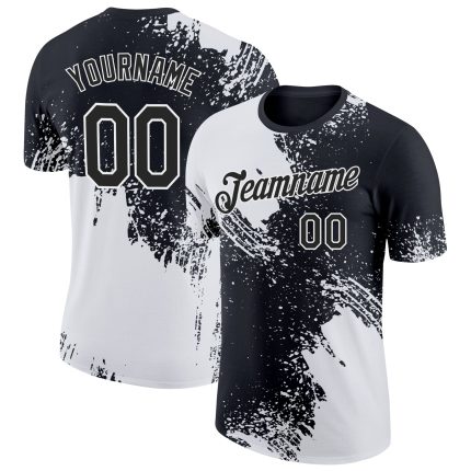Custom Name and Number Performance T-Shirt with 3D Pattern Design - Personalized Abstract Brush Stroke - White Black Personalized