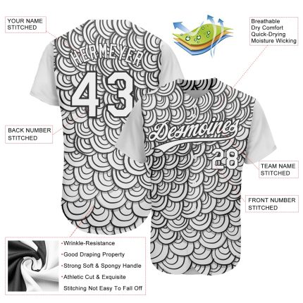 Custom Name and Number Baseball Jersey - Personalized 3D Pattern Abstract Doodle Line Art in White and Black Design Personalized