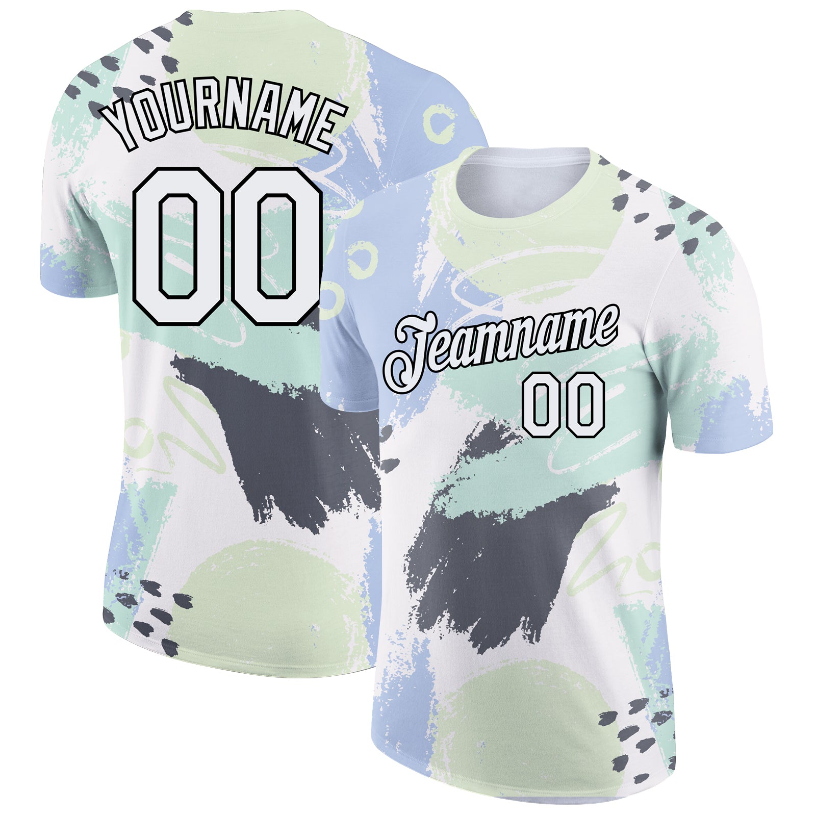 Custom Team Name Number Performance T-Shirt - Personalized 3D Pattern Design Abstract Doodle in White and Black Personalized
