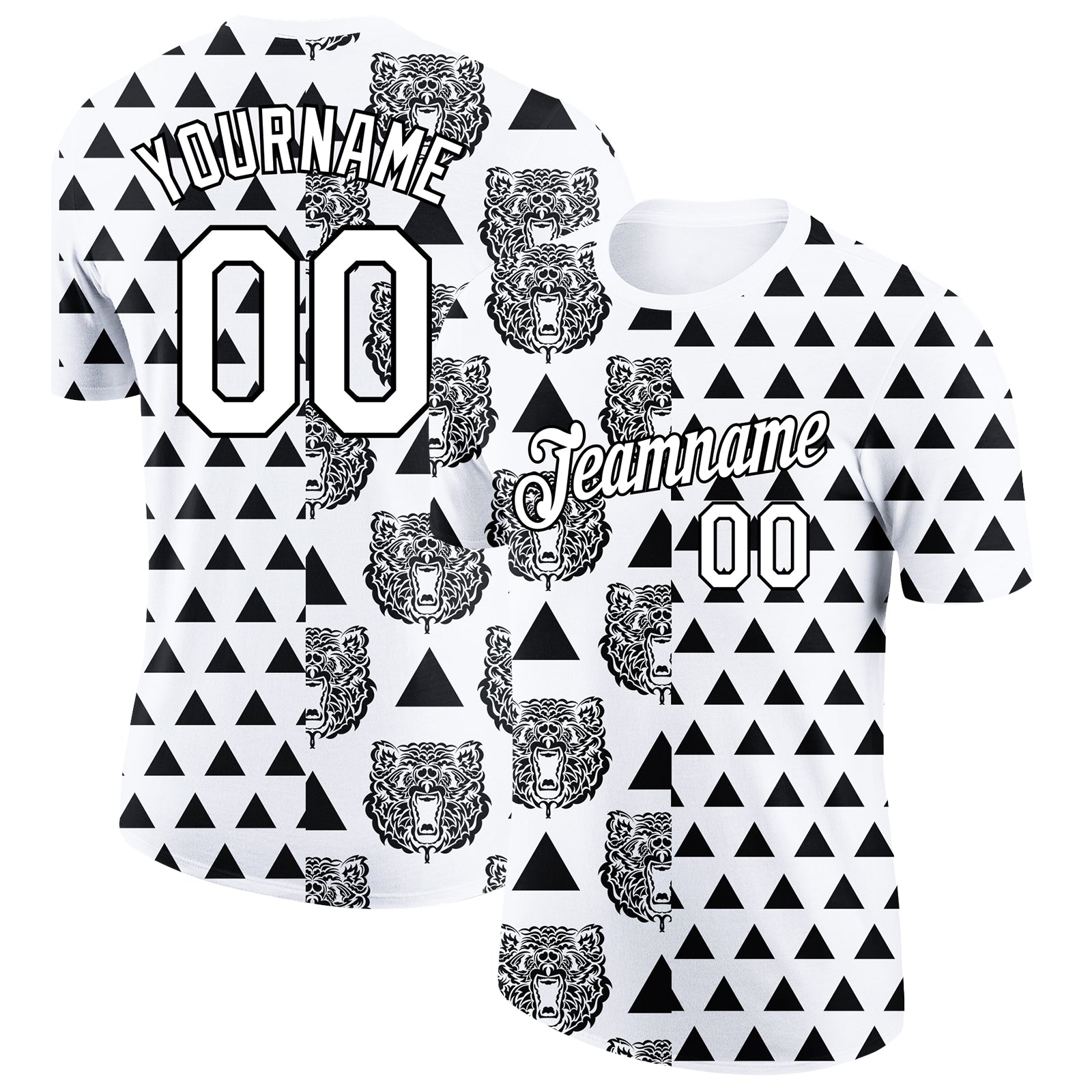 Customizable 3D Bear Pattern Performance T-Shirt with Team Name and Number - Personalized White and Black Design Personalized
