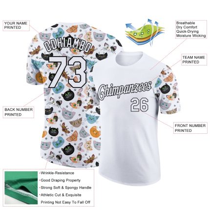 Custom Cat Performance T-Shirt with Personalized Name and Number, 3D Black and White Pattern Design Personalized White Black