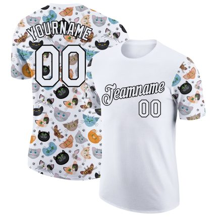 Custom Cat Performance T-Shirt with Personalized Name and Number, 3D Black and White Pattern Design Personalized White Black