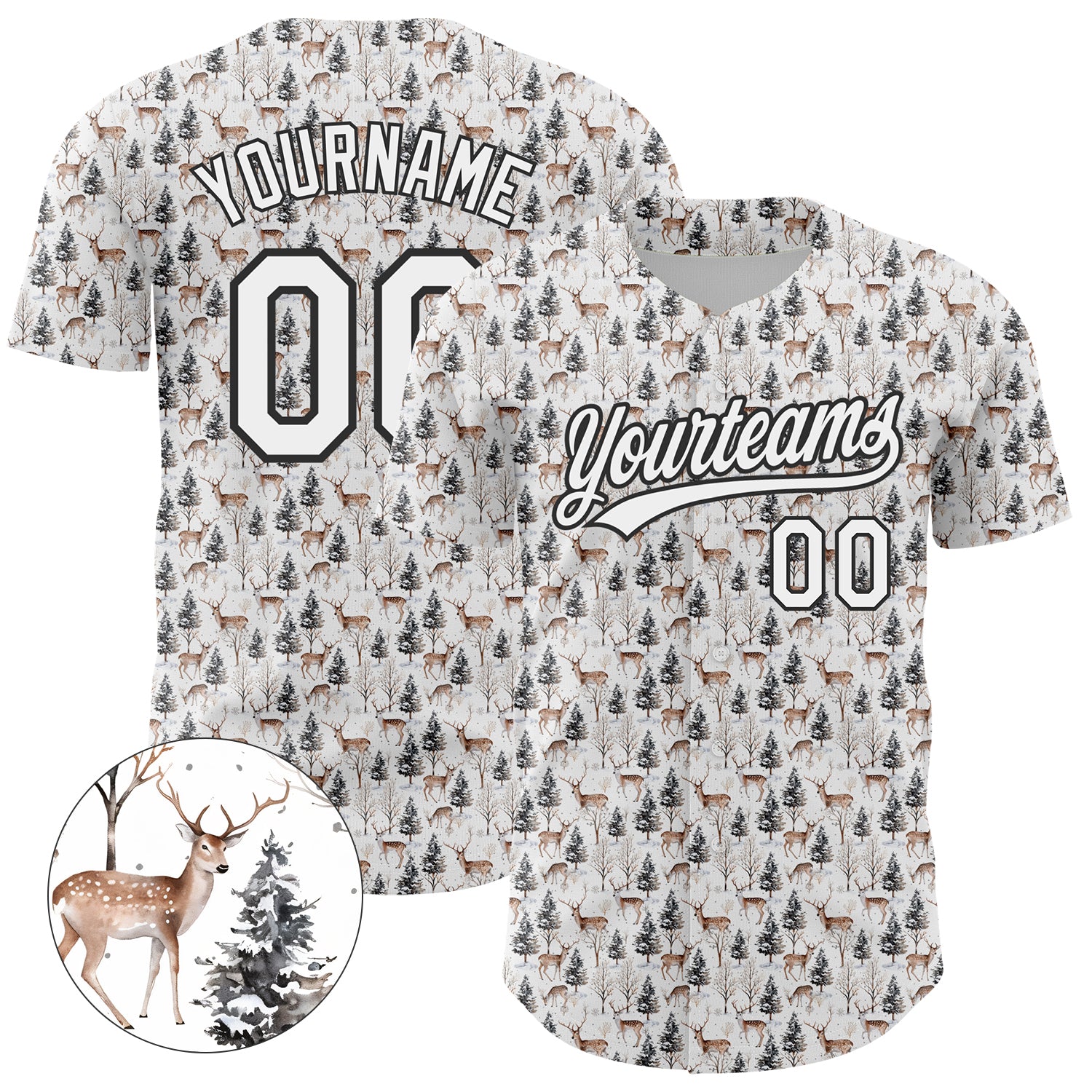 Custom Personalized 3D Black and White Deer Baseball Jersey with Name and Number - Unique Team Apparel Personalized White