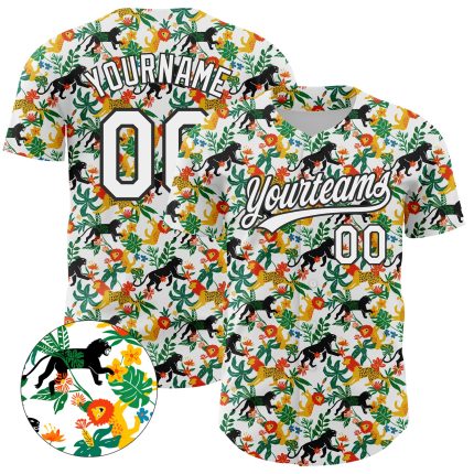 Custom Name and Number Baseball Jersey, Personalized 3D Lion and Leopard Pattern Design, White and Black Team Apparel Personalized
