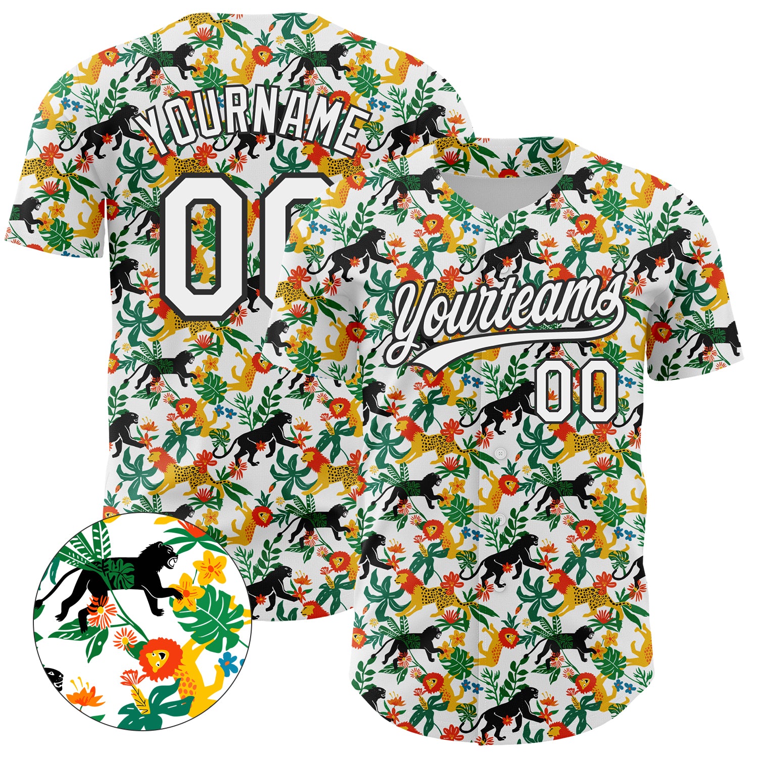 Custom Name and Number Baseball Jersey, Personalized 3D Lion and Leopard Pattern Design, White and Black Team Apparel Personalized