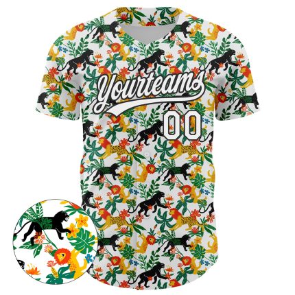 Custom Name and Number Baseball Jersey, Personalized 3D Lion and Leopard Pattern Design, White and Black Team Apparel Personalized