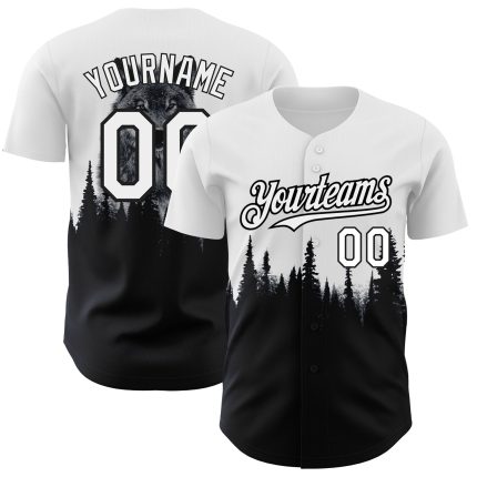 Custom Name and Number Personalized 3D Wolf Baseball Jersey - Black and White Animal Design Personalized White Black 3D Pattern